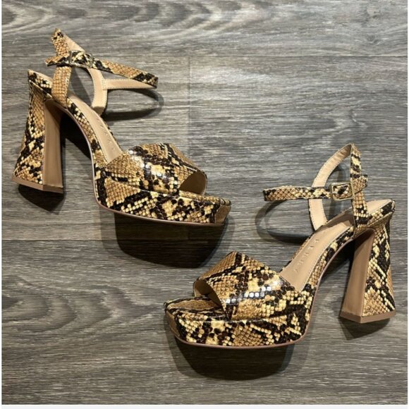Katy Perry Size 8 38 Square Platform Sandals Snake Print Brown Tan Chunky Heels - Picture 1 of 14